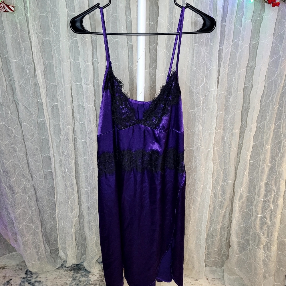 Purple Silky Satin & Black Lace Trim Chemise Nightgown Slip Lingerie 1XL